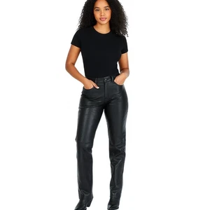 Pantalones de cuero de piel de cordero negros hechos a mano para mujer - Pantalones informales elegantes ajustados - Imagen 1 de 6