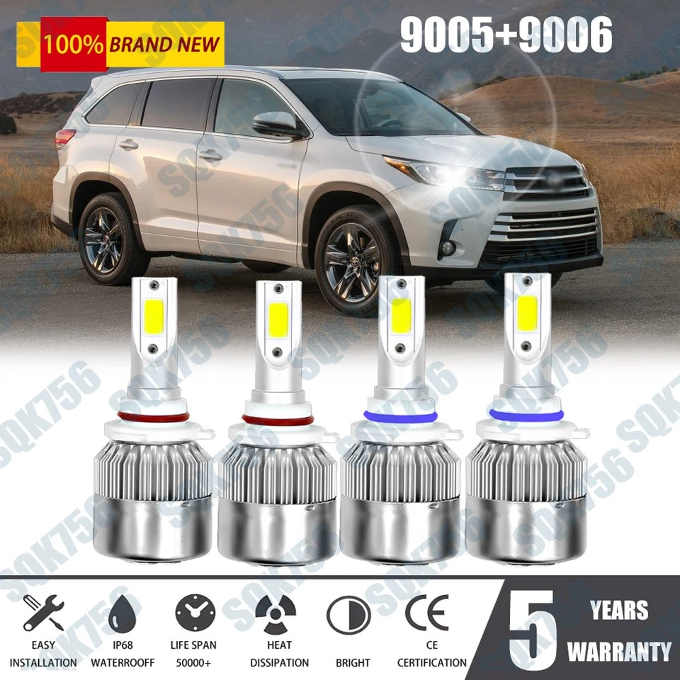 For Toyota Highlander 2001-2007 Combo LED Headlight Bulbs 9005 9006 Hi Low Beam - Image 1 of 4