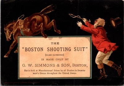 Terno esportivo vintage vitoriano cavalo equestre Boston equitação cartão comercial antigo - Imagem 1 de 3