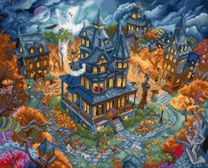 DIY Kreuzstich Kit Haunted Happenings Nadelspitze Bastelset Stitching Art Set - Bild 1 von 8