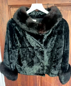 Vintage Crushed Black Velvet Jacket by Winter with Brown Fur Collar Cuffs, S/M - Picture 1 of 7