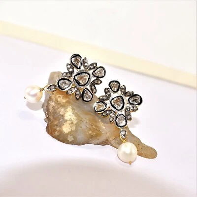 Naturale Polki E Perla Orecchini 925 Argento Sterling Mano Vittoriano Gioielli - Immagine 1 di 4