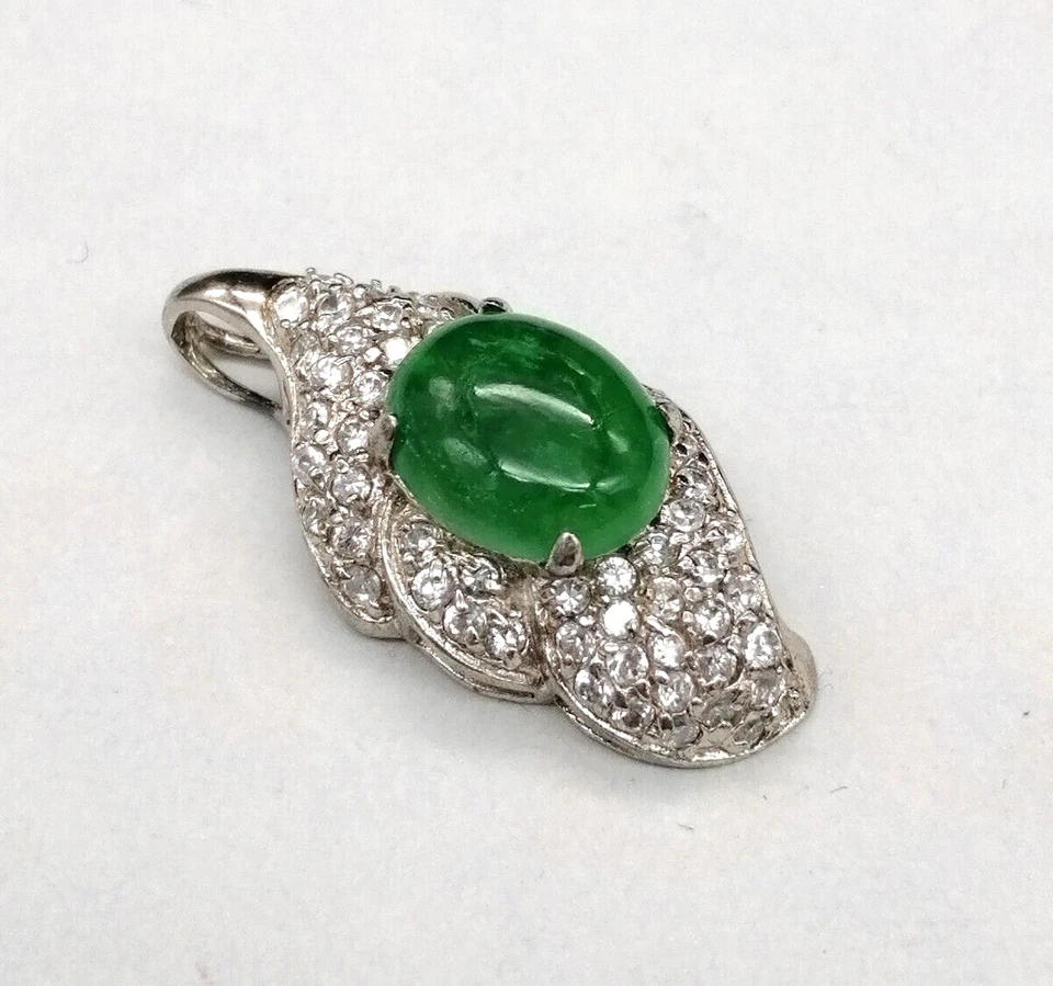 ciondolo donna argento925 con giada burma verde e zirconi incastonati luminoso - Immagine 1 di 4