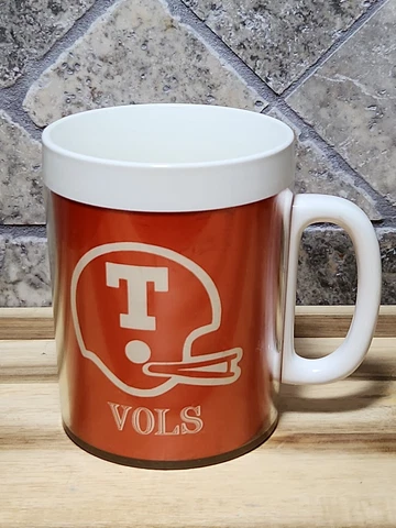 Vintage 90s VOLS Tennessee Thermo-seru Insulated Plastic Travel Mug Cup made USA Cover