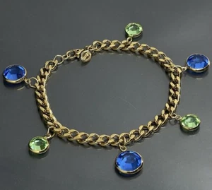 Monet Gold Tone Faceted Blue Green Bezel Crystal Dangle Charm Bracelet 7.5-7.75” - Picture 1 of 6