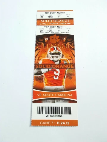 2012 Clemson Tigers South Carolina Football Full Unused Ticket Stub Cover