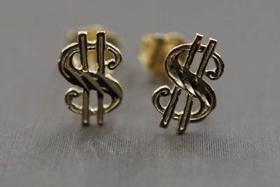 14K Solid Yellow Gold Dollar Sign Symbol Stud Earrings!! (#1205226) - Image 1 of 4