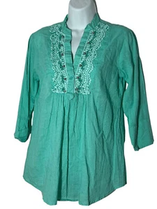 Antica Sartoria Top Womens Size S Green Beaded V-neck Cotton Boho Beach Breezy - Picture 1 of 12