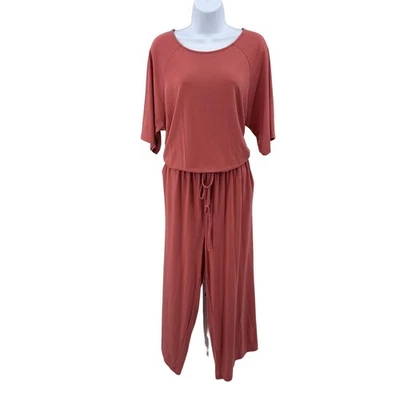 Mono rosa coral manga corta pierna ancha con cordón para mujer con lazo trasero cuello redondo Foto 1 de 4