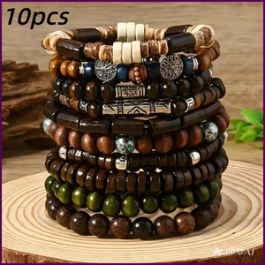 10 Stck. Böhmen Ethno Perlen Armbänder für Männer Vintage Mehrlagig Holz - Bild 1 von 24