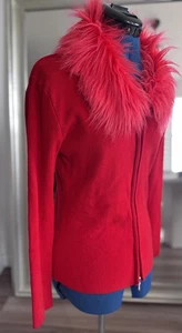 Vintage 90s Y2K Red Faux Fur Collar Zip Up Cardigan Sweater - Picture 1 of 12