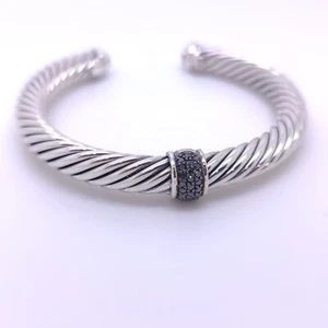 David Yurman Sterling Silver 7mm Cable Black Diamond Station Bracelet - Picture 1 of 12