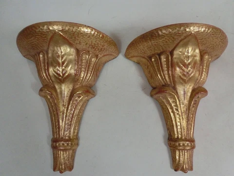 Pair Gold Gilded Art Deco Noveau Leaf Wall Bracket Shelves - French Interest Cover