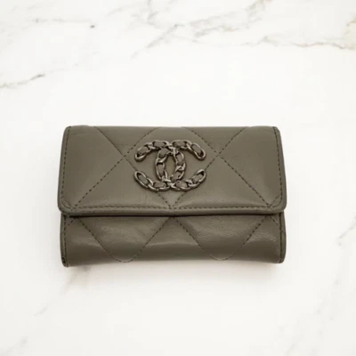 Authentic CHANEL Matelasse Folding Card Case Gray Leather Coco Mark Purse w/Box - Image 1 of 4