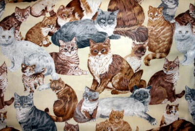 VINTAGE CRANSTON-LARGE CATS ON LIGHT TAN - 100% COTTON FABRIC - Image 1 of 4