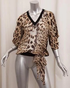 ROBERTO CAVALLI Womens $1215 Brown Silk Leopard Print Blouse Top S NEW NWT - Picture 1 of 5