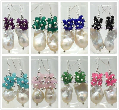 Noble 4x6mm Multicolor Rondelle Gems & White Baroque Pearl Silver Hook Earrings - Image 1 of 4