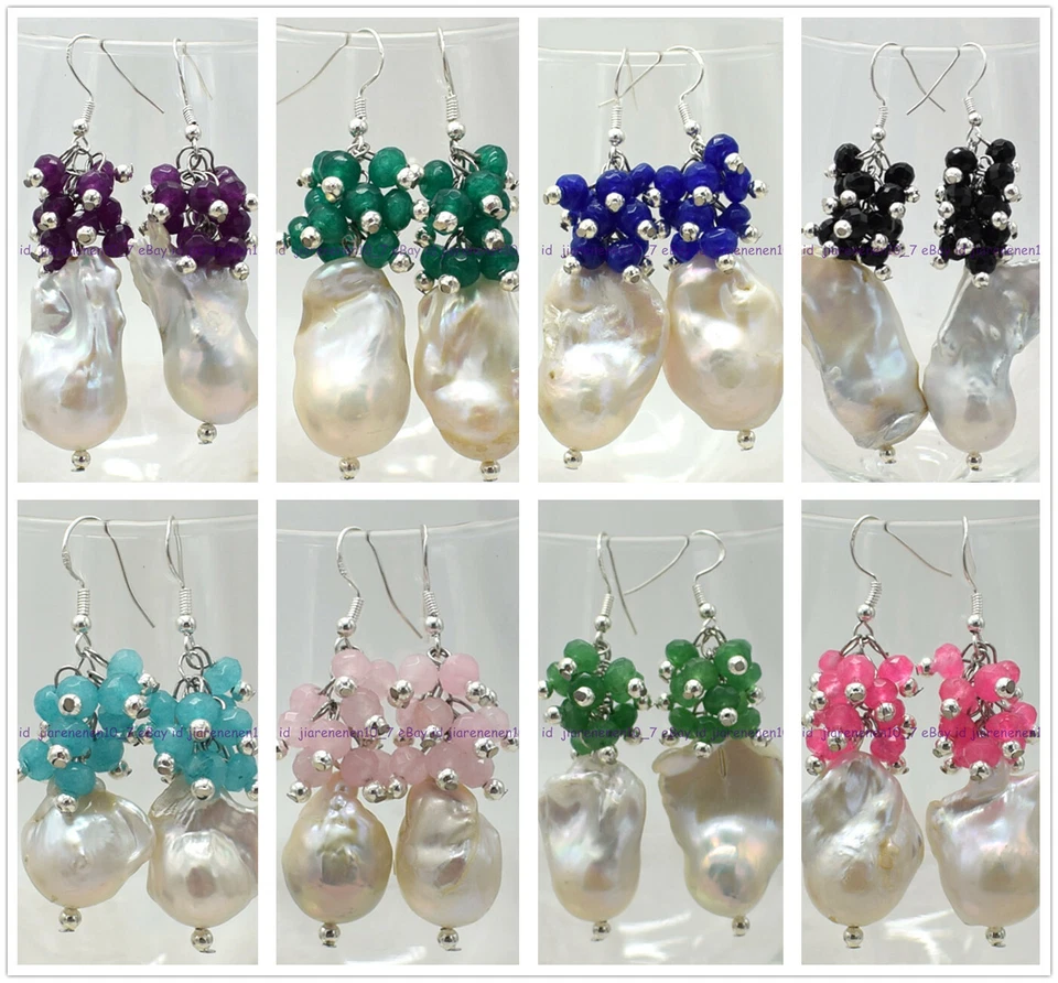 Noble 4x6mm Multicolor Rondelle Gems & White Baroque Pearl Silver Hook Earrings - Image 1 of 4