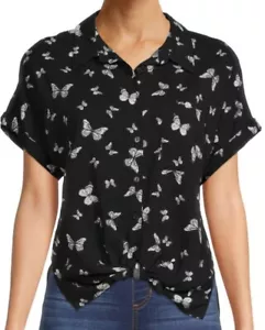 Ladies XS (1) Blouse Short Sleeve Collar Black Butterflies Button Up Tie Waist - Picture 1 of 5