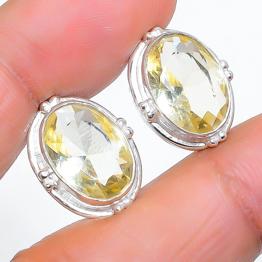 Pendiente de joyería de plata estornino 925 hecho a mano con piedras preciosas de cuarzo limón talla 0,75"" Foto 1 de 1