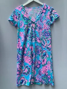Lilly Pulitzer Dress Medium Blue Short Sleeve Jungle Sunrise Etta V-Neck A Line - Picture 1 of 12