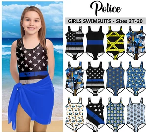 Kids Police Officer Swimsuit #1 Baby Girl Teens Bathing Suit Thin Blue Line Cop - Picture 1 of 18