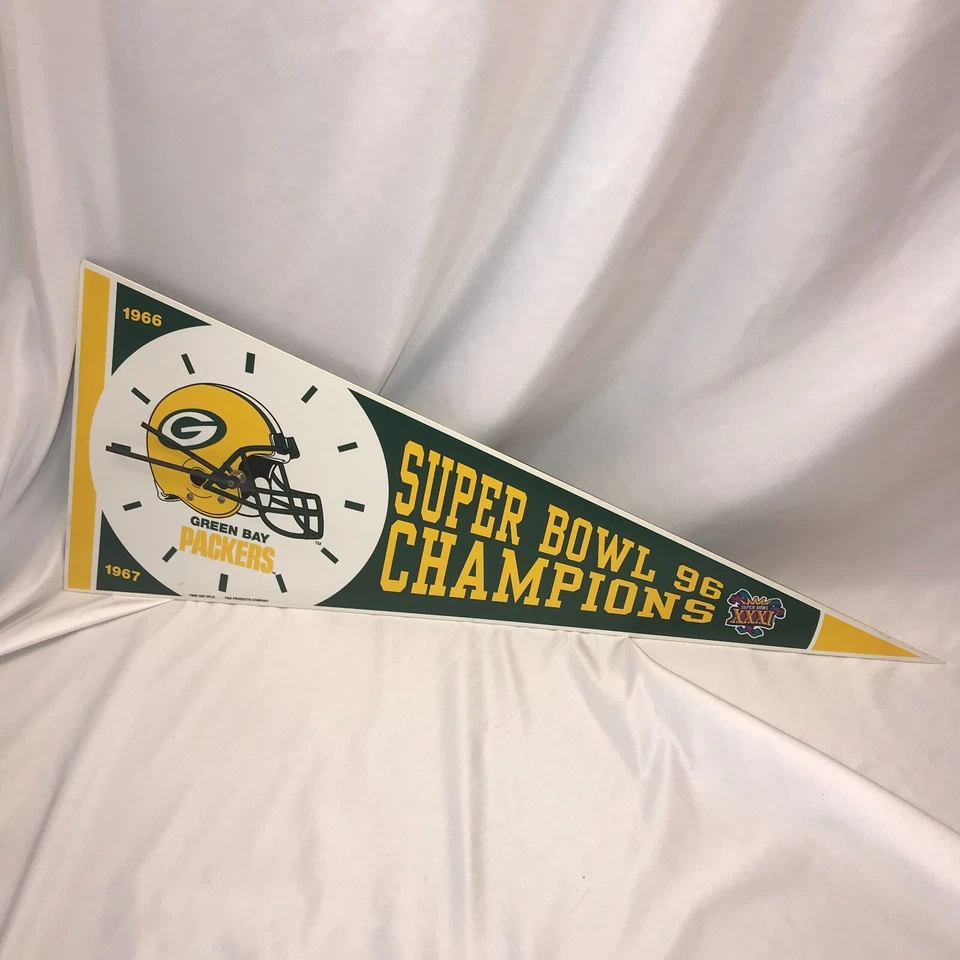 Reloj Banderín Vintage Campeones del Super Bowl 1996 Green Bay Packers Banner Probado Foto 1 de 4