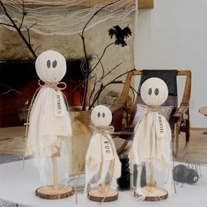 Juego de 3 Fantasmas Primitivos de Halloween Decoración de Mesa sobre Soporte de Madera para Hogar - Imagen 1 de 9