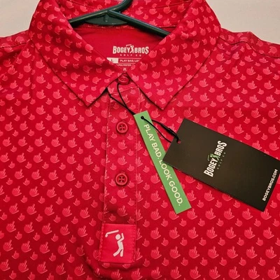 Camisa polo masculina golfe Bogey Bros vermelha L "brinque ruim aparência boa" estampa de dedo médio - Imagem 1 de 4