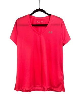 Women’s Under Armour Shirt HeatGear Neon Pink V-Neck Size Large L Tee - Image 1 of 3