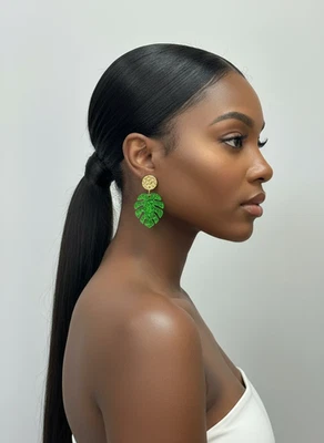 Green Monstera Leaf Resin Earrings: Gold Hammered Hypoallergenic Studs - Image 1 of 2