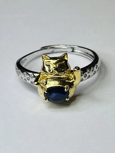 925 Sterling Silver Natural Blue Sapphire Lucky Smiley Kitten Kitty Cat Ring - Picture 1 of 13