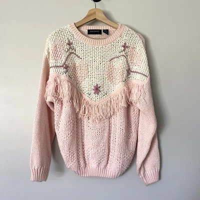 Suéter Vintage Rafferty Talla Grande Rosa Floral Corazones Flecos Cuello Redondo Tejido Foto 1 de 4