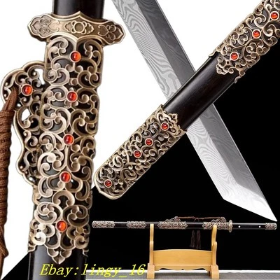 Accesorio de latón hueco 紫云唐刀 Espada afilada de acero de Damasco de la dinastía Tang china Dao Foto 1 de 4