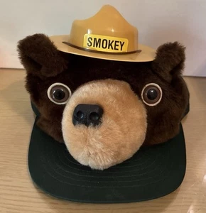VINTAGE Smokey the Bear Men Hat OS Green Snapback 1980s Plush Trucker Mesh - Picture 1 of 8