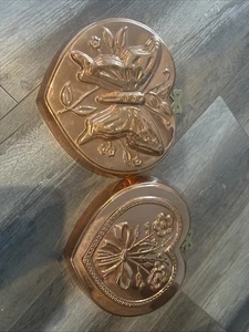 2 Vintage Copper Heart Jello Mold Cake Pan Wall Decor Butterfly Copper Shoppe - Picture 1 of 8