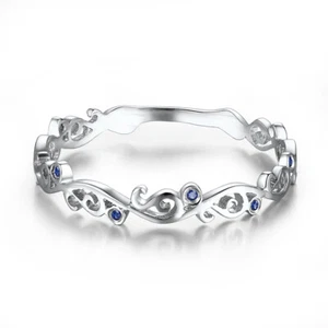 10k White Gold Flush Setting Round Genuine Sapphires Gemstone Band Lady Ring - Picture 1 of 5