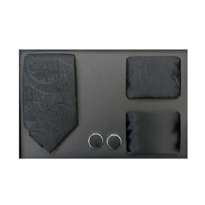 New formal Men skinny necktie 2 hankies cuff links gift set black paisley - Bild 1 von 3