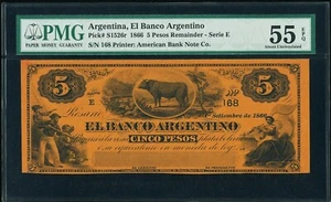 Argentina 5 pesos rimanenti 1866 Pick-S1526r circa UNC PMG 55 EPQ - Foto 1 di 2