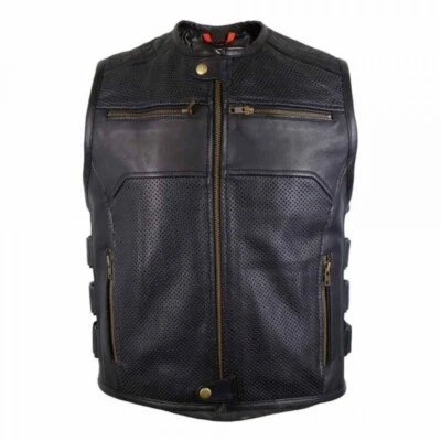 Chaleco de motociclista de cuero real para hombre con cremallera y a rayas estilo SWAT chaleco de club de motocicleta Foto 1 de 4