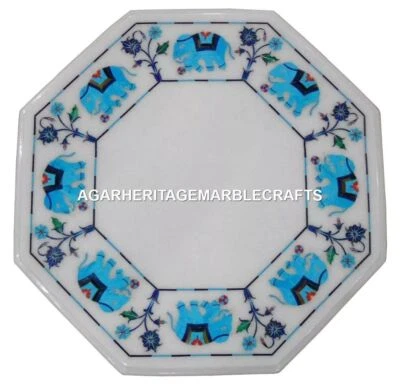 White Marble Coffee Table Turquoise Elephant Inlaid Arts Marquetry Decor H1397 - Image 1 of 4