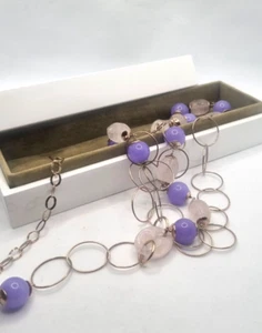 ARGENTO 925 QUARZO ROSA E GIADA LAVANDA COLLANA LUNGA REGALO DONNA - Foto 1 di 10