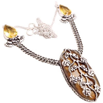 Collana In Pietra Occhio Di Tigre Fatta A Mano In Argento Placcato Regalo 27 G - Immagine 1 di 3