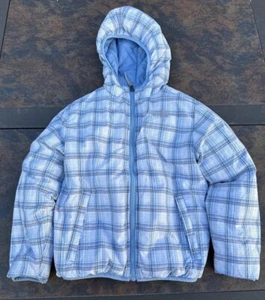 THE NORTH FACE PLAID & LIGHT BLUE REVERSABLE GOOSE DOWN HOODED JACKET KIDS Sz S - Picture 1 of 21