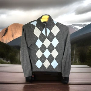 Giasone Sweater Men L Gray Blue Cashmere Diamond Argyle 1/4 Zip Long Sleeve - Picture 1 of 10