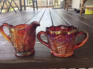 Vintage Carnival Red Glass Sugar bowl & Creamer. - Picture 1 of 12