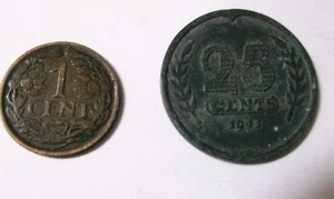 1925 1 Cents,1941 25 Cent Nederlands- 2 Coins - Picture 1 of 2