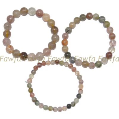 6/8/10mm Natural Green Red Rutilated Quartz Round Beads Elastic Bracelet 7.5'' - Image 1 of 4