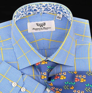 Blue Yellow Luxury Dress Shirt Formal Business Contrast Colors Paisley Flower - Picture 1 of 12
