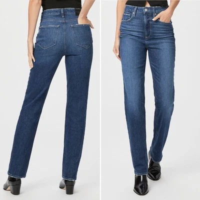 Pantalones de mezclilla Paige Stella rectos tiro alto en lavado oscuro narrativo talla 24 NUEVO Foto 1 de 4